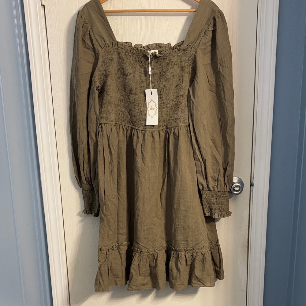 Olive Green Midi Dress with Ruffle Details